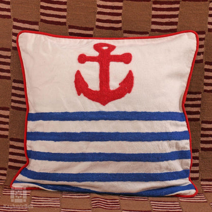 White Anchor Crewel Cushion Cover (Set of 3) - KashmirBox.com