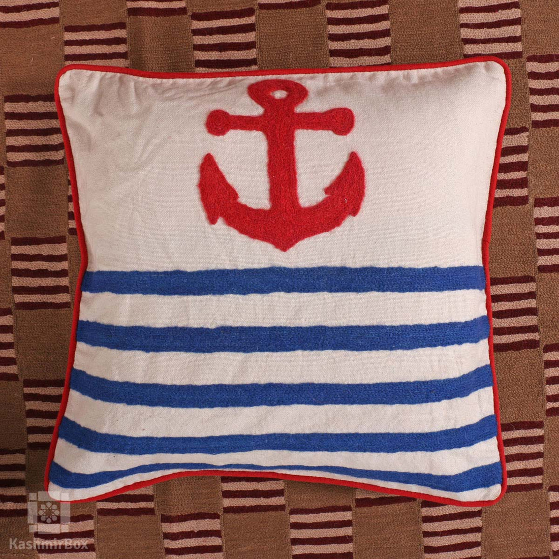 White Anchor Crewel Cushion Cover (Set of 3) - KashmirBox.com