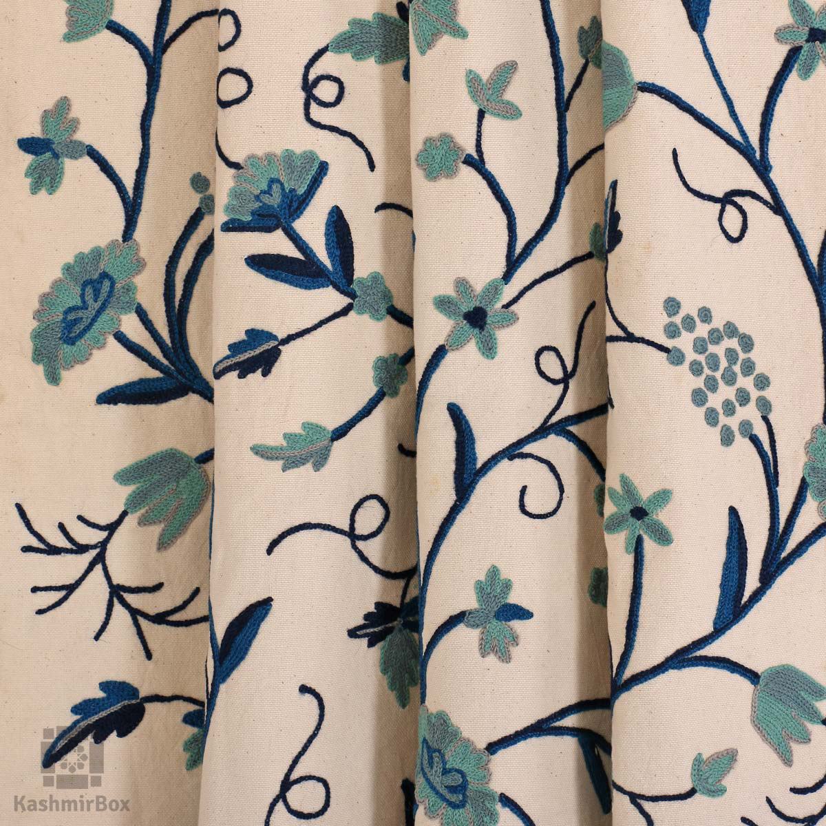 White Bluish Crewel Embroidered Curtain - KashmirBox.com