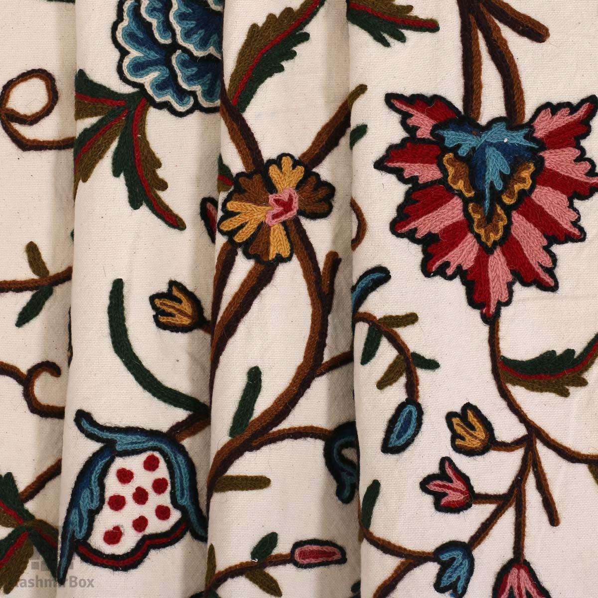 Crisp White Flowered Crewel Embroidered Curtain - KashmirBox.com