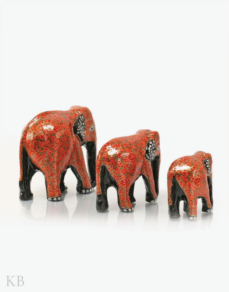 Red Floral Paper Mache Elephants (Set of 3) - Kashmir Box