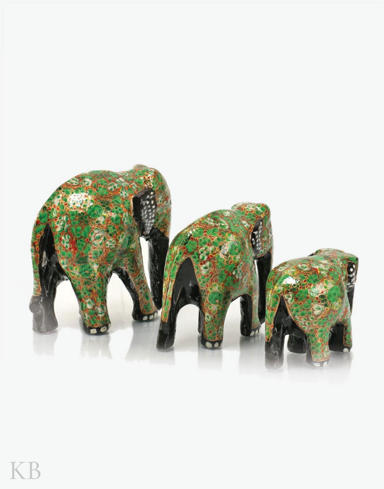 Green Floral Paper Mache Elephants (Set of 3) - Kashmir Box