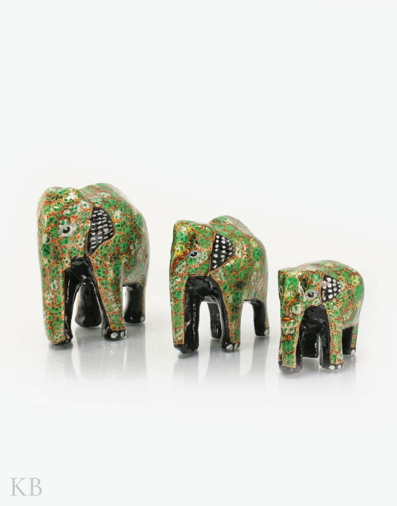 Green Floral Paper Mache Elephants (Set of 3) - Kashmir Box