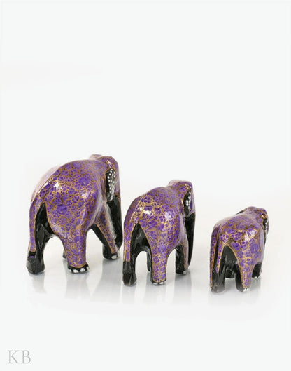 Purple Floral Paper Mache Elephants (Set of 3) - Kashmir Box