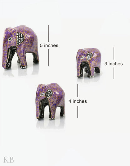 Purple Floral Paper Mache Elephants (Set of 3) - Kashmir Box