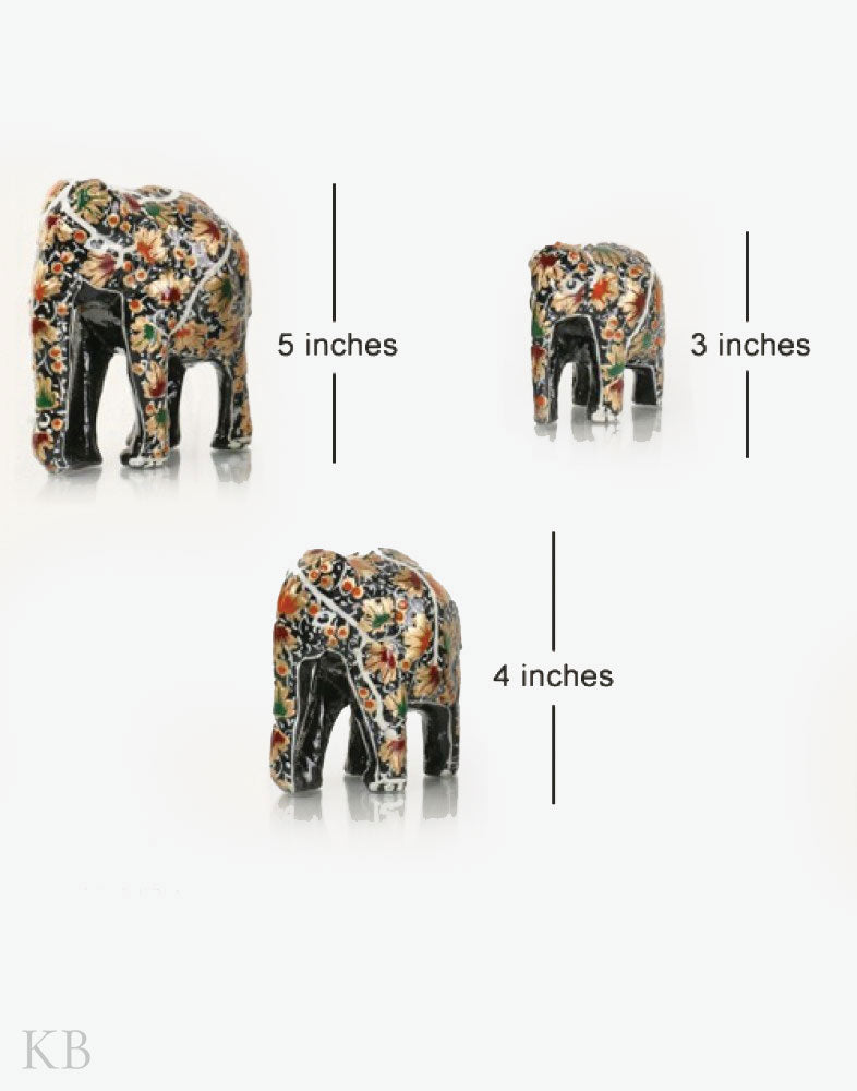 Gold And Black Floral Paper Mache Elephants (Set of 3) - Kashmir Box