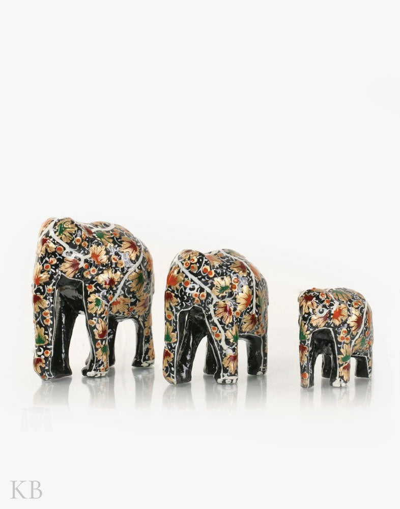 Gold And Black Floral Paper Mache Elephants (Set of 3) - Kashmir Box