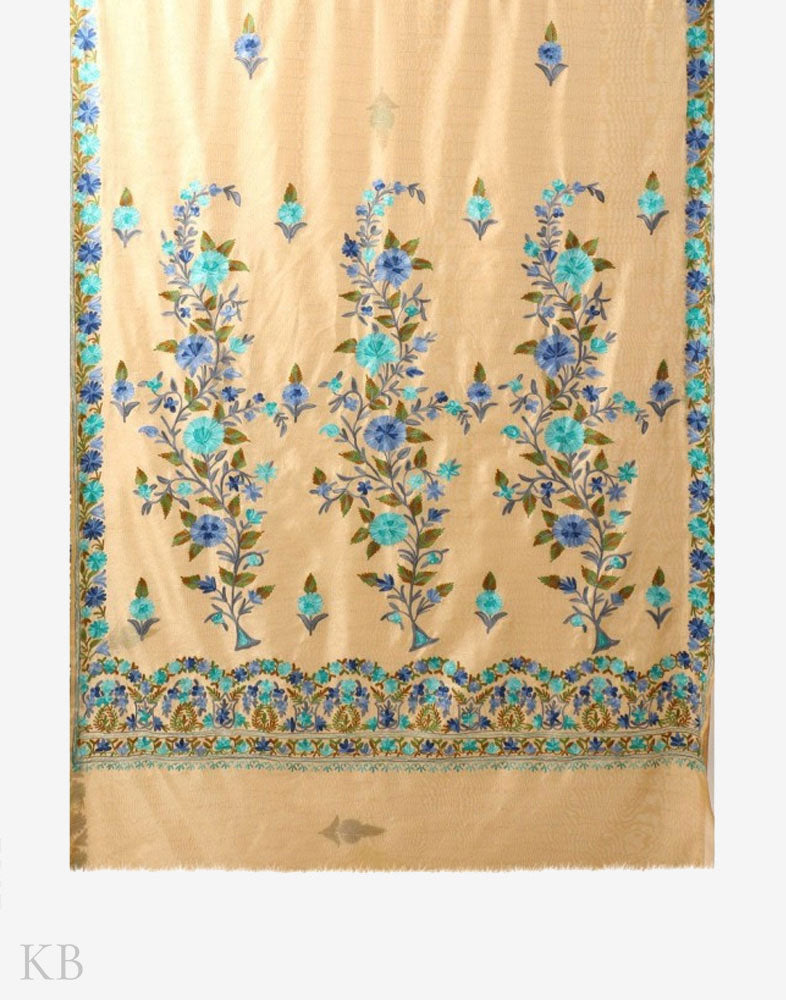 Golden Tan Flowery Pallu Aari Embroidered Silk Saree - Kashmir Box