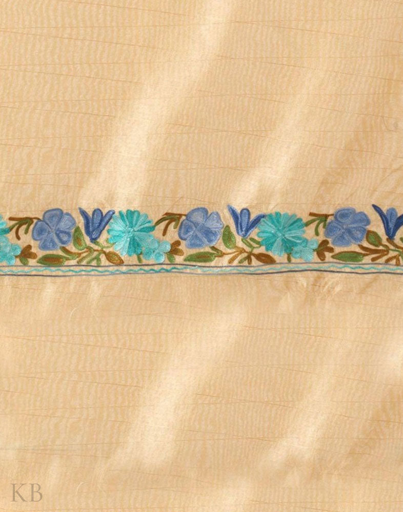 Golden Tan Flowery Pallu Aari Embroidered Silk Saree - Kashmir Box