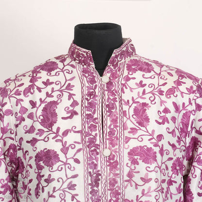 Paisleyed Aari Embroidered White Silk Jacket - Kashmir Box