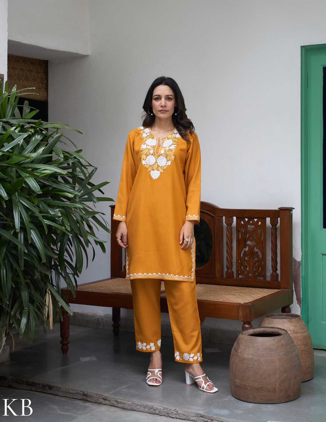 Nigeen Kashmiri Aari Mustard Yellow Co-ord Set