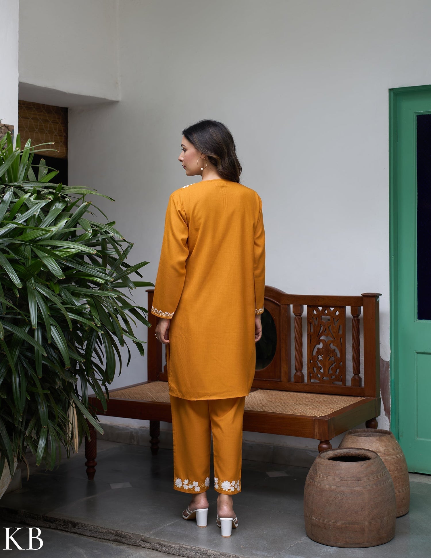 Nigeen Kashmiri Aari Mustard Yellow Co-ord Set - Kashmir Box