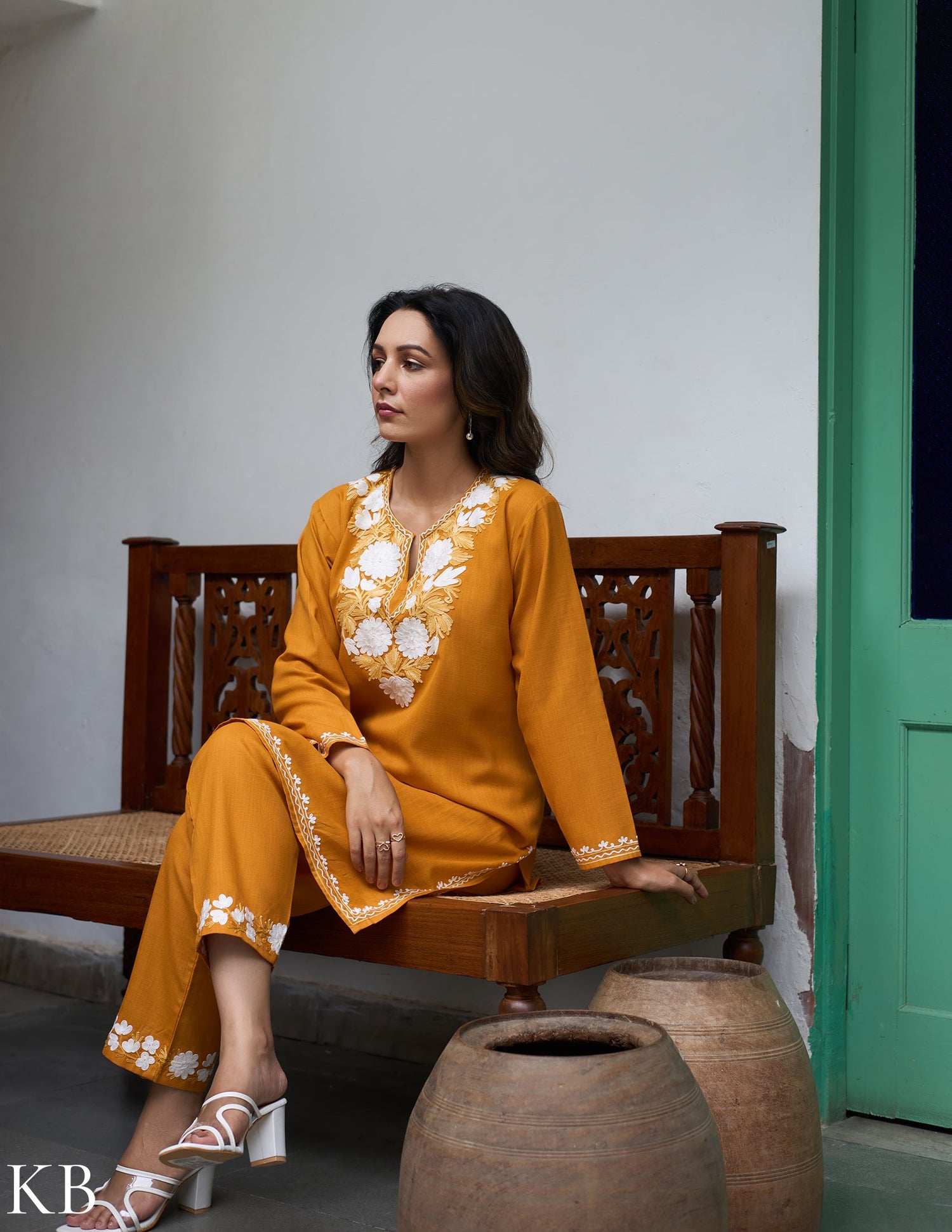 Nigeen Kashmiri Aari Mustard Yellow Co-ord Set