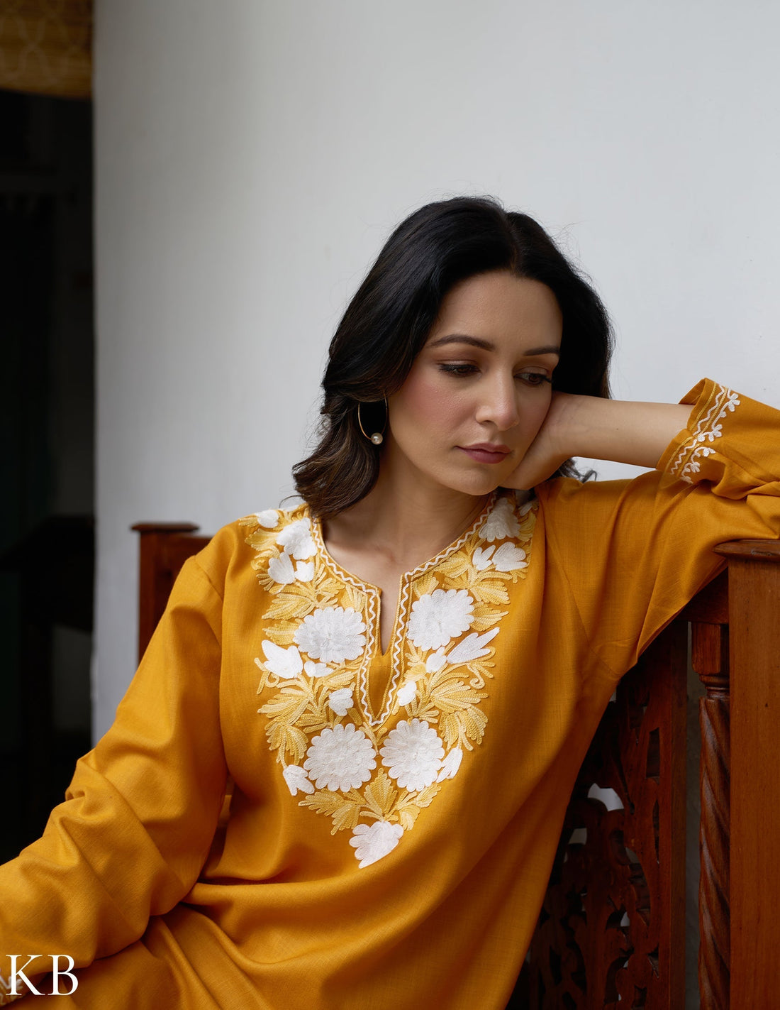 Nigeen Kashmiri Aari Mustard Yellow Co-ord Set - Kashmir Box