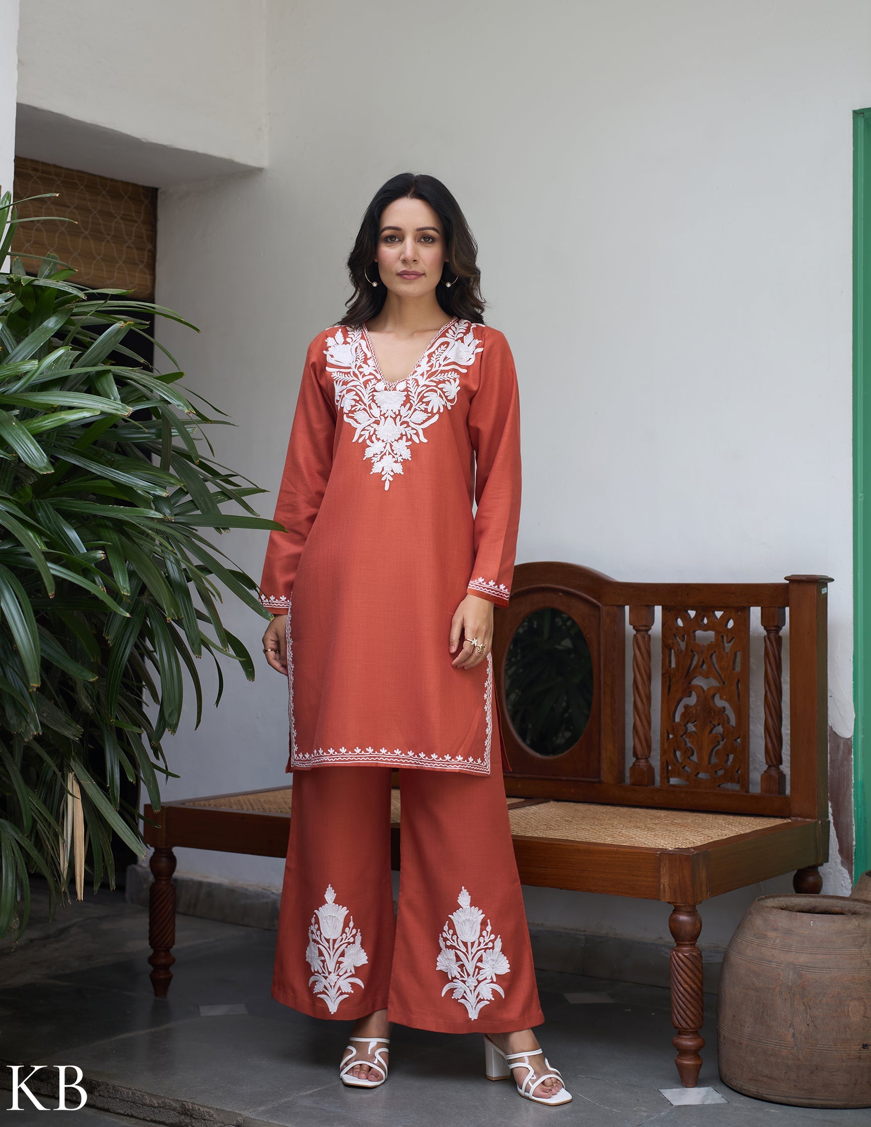 Nigeen Kashmiri Aari Rust Orange Co-ord Set