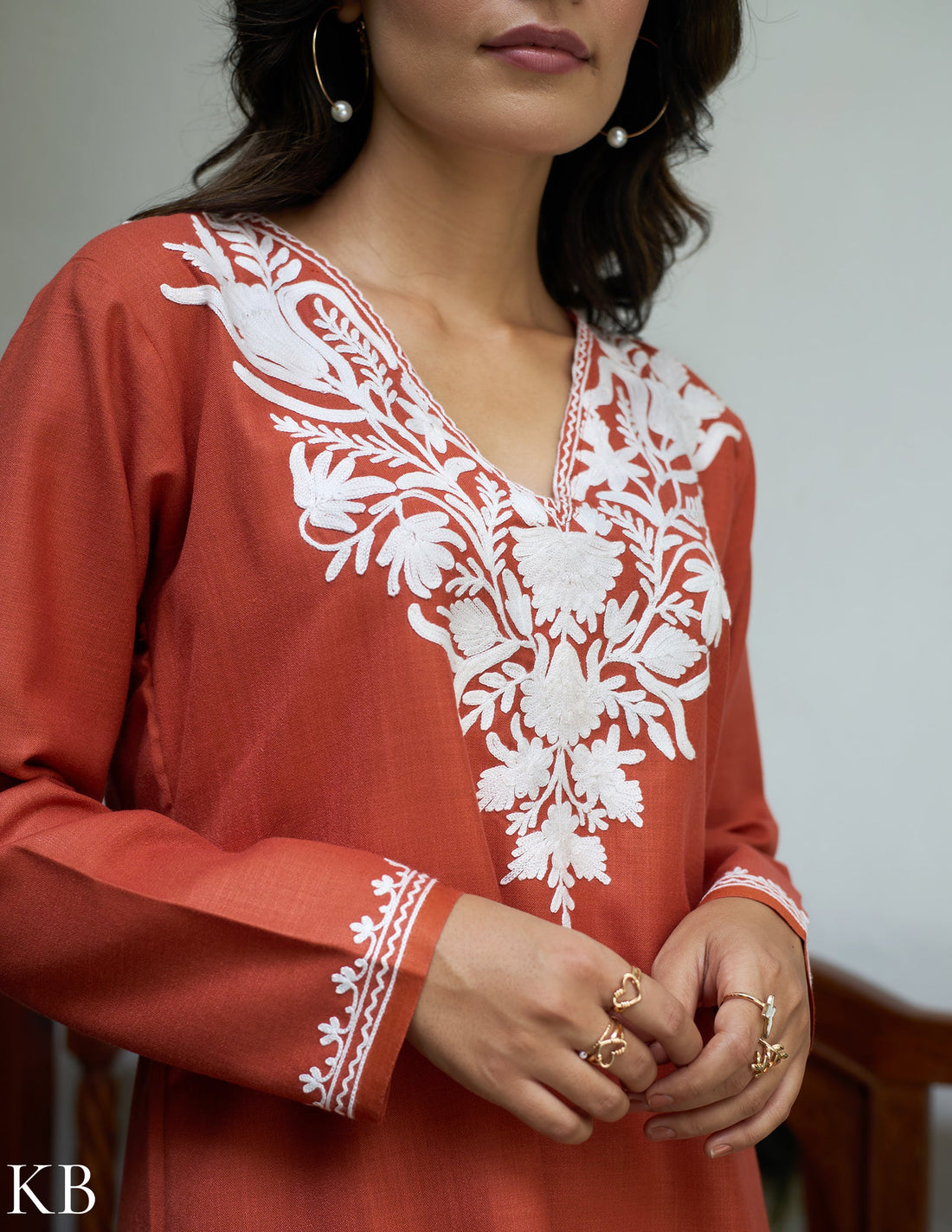 Nigeen Kashmiri Aari Rust Orange Co-ord Set - Kashmir Box