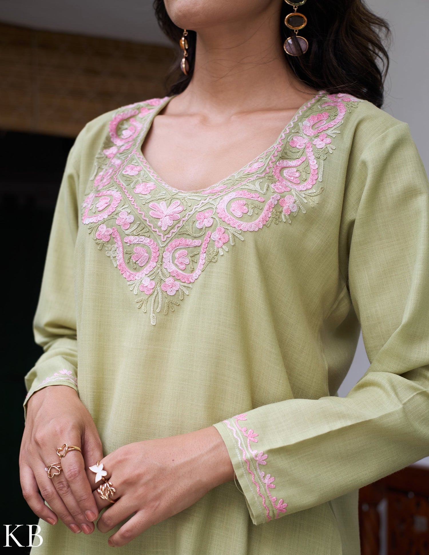 Nigeen Kashmiri Aari Light Green Co-ord Set