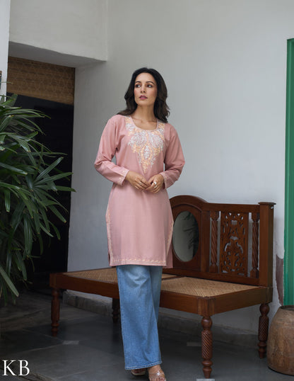 Nigeen Kashmiri Aari Dusky Pink Kurti - Kashmir Box