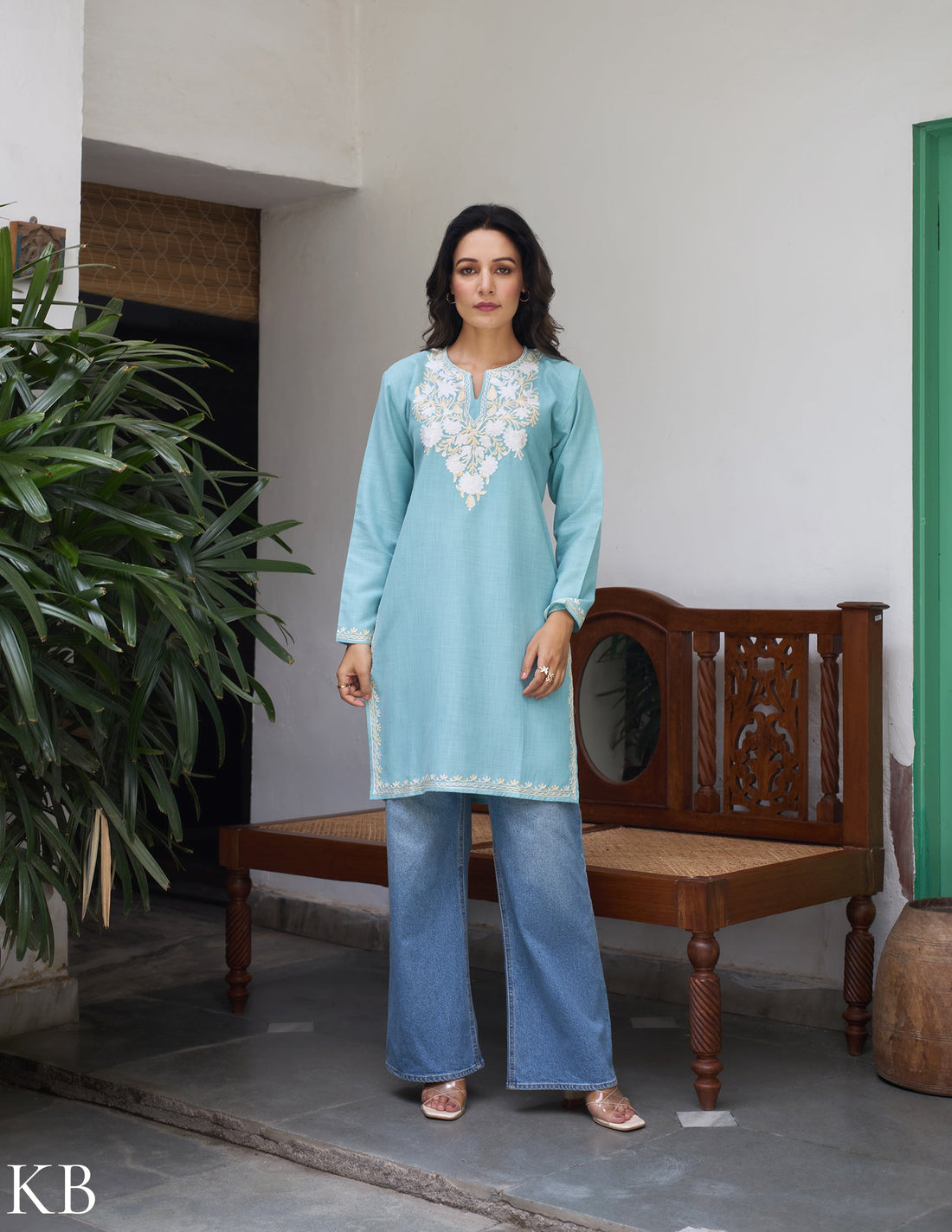 Nigeen Kashmiri Aari Sky Blue Kurti