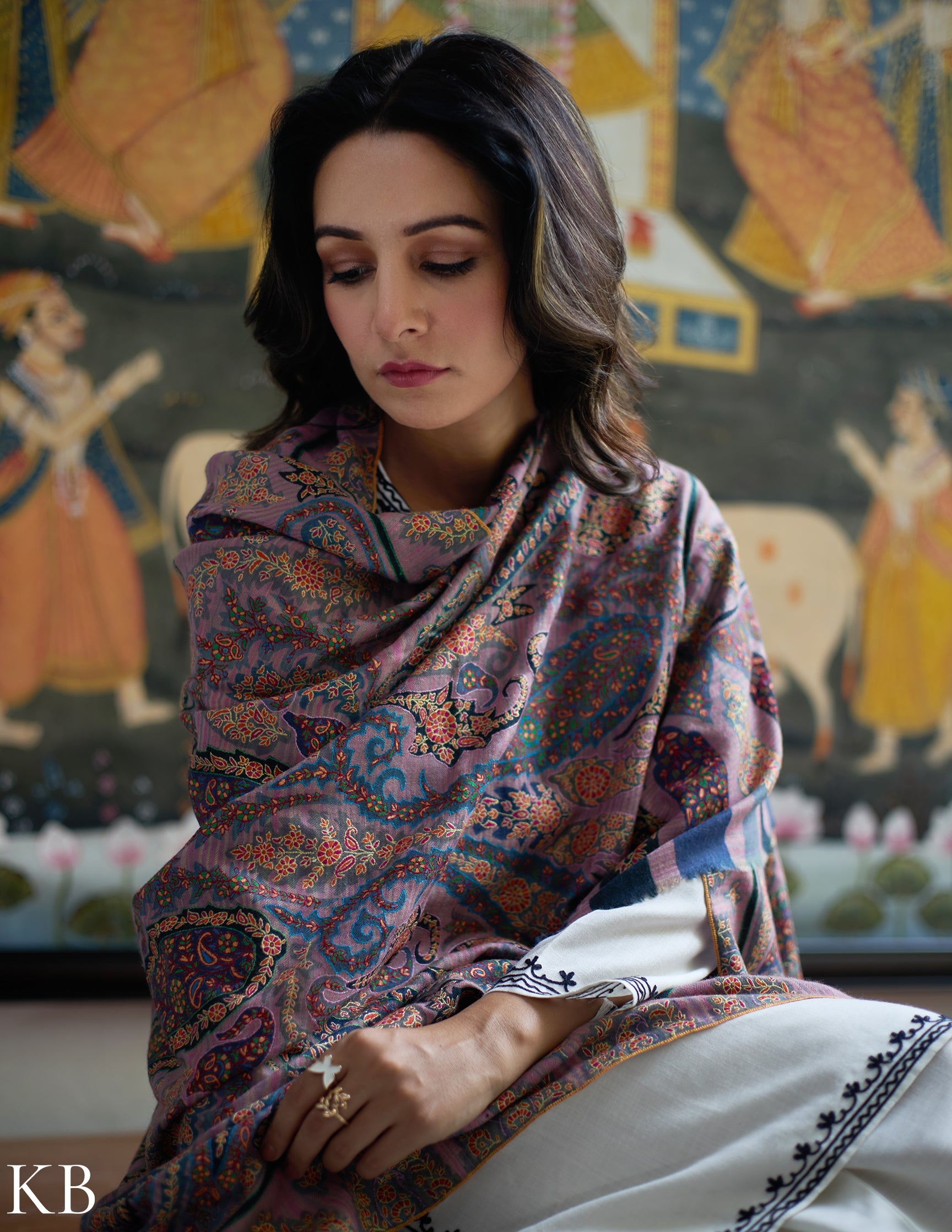 Arched Handwoven Kalamkari Jamawar Sozni Embroidered Pashmina Shawl