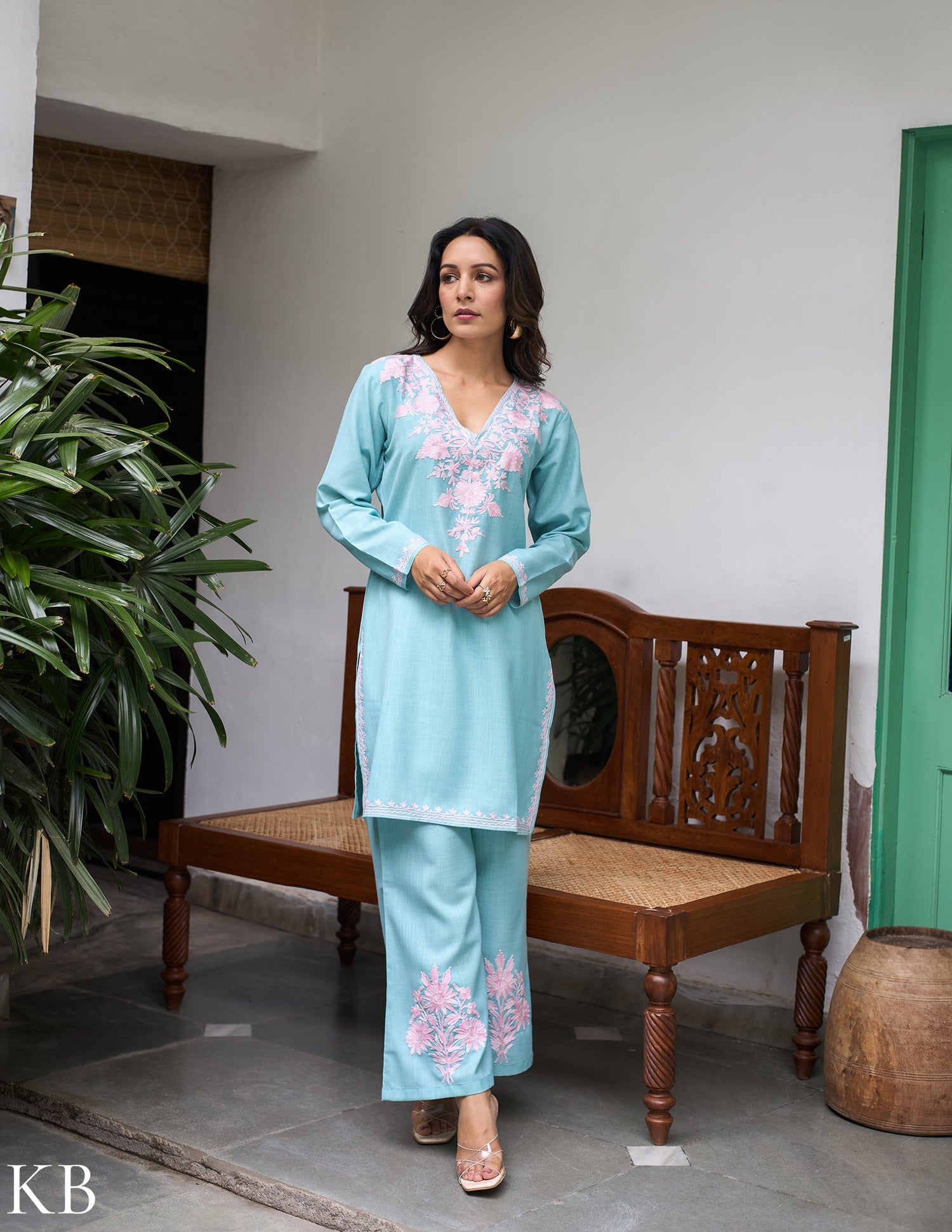 Nigeen Kashmiri Aari Sky Blue Co-ord Set