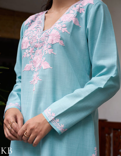 Nigeen Kashmiri Aari Sky Blue Co-ord Set - Kashmir Box
