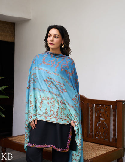 Sozni Embroidered Handwoven Ombre Blue Pashmina Shawl