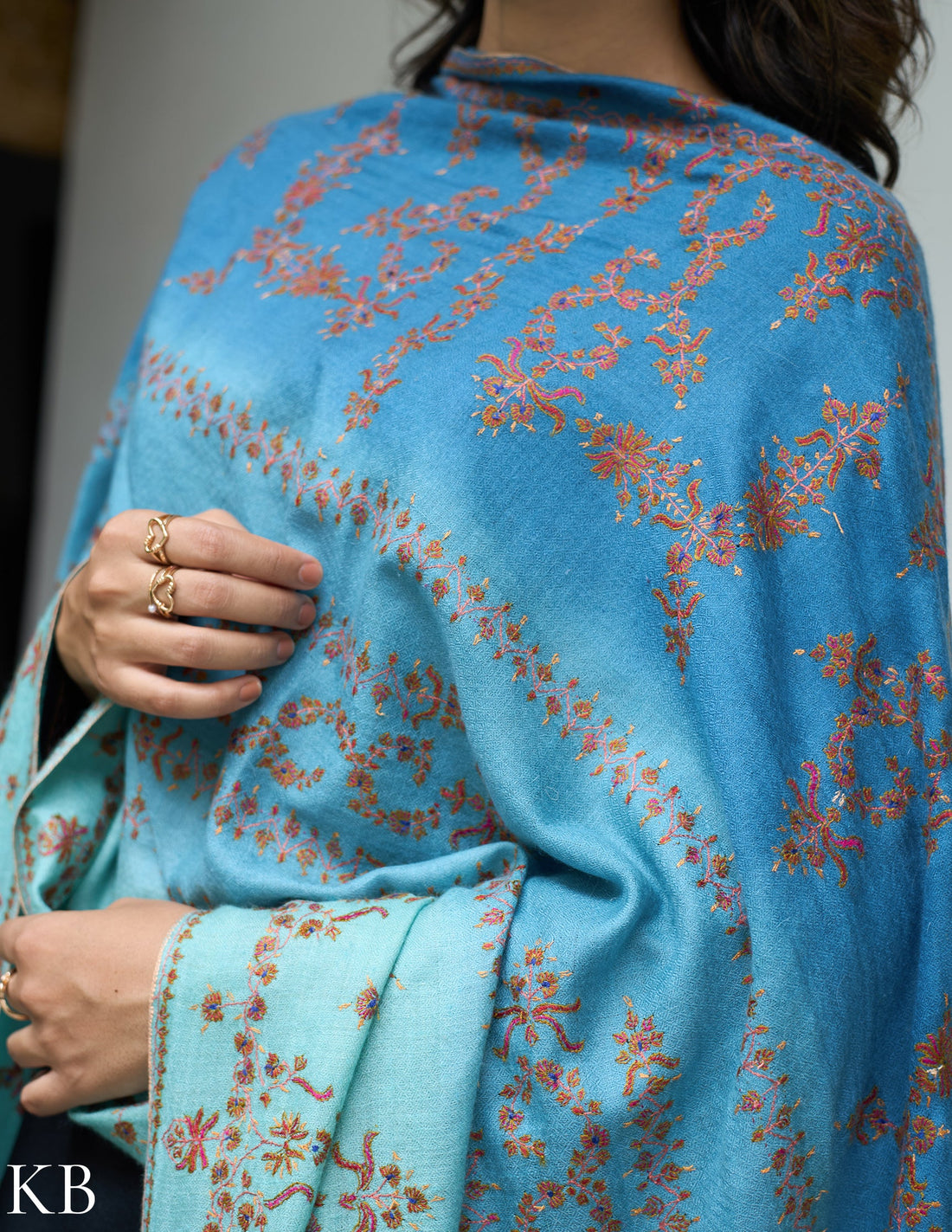 Sozni Embroidered Handwoven Ombre Blue Pashmina Shawl