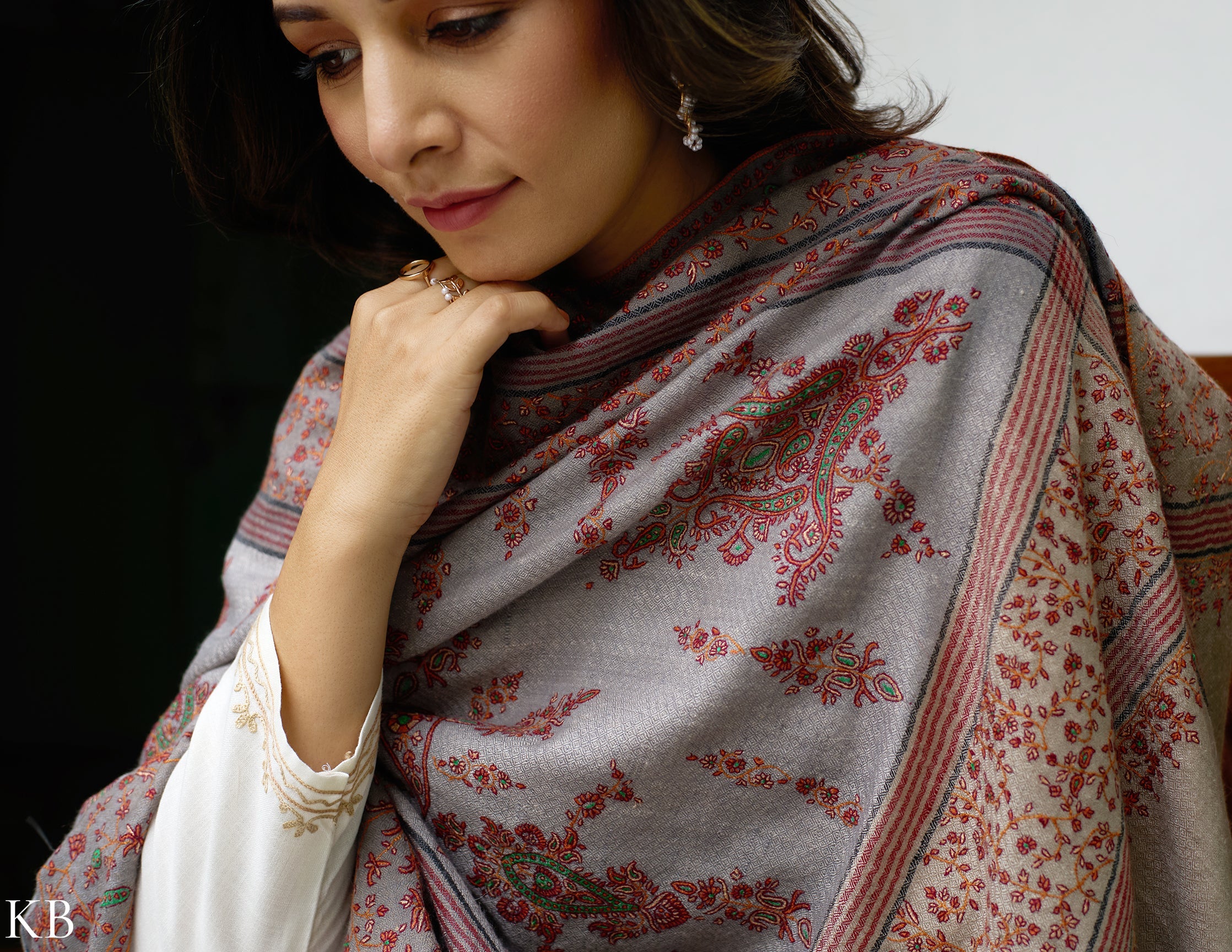 Grey Striped Handwoven Sozni Embroidered Pashmina Shawl