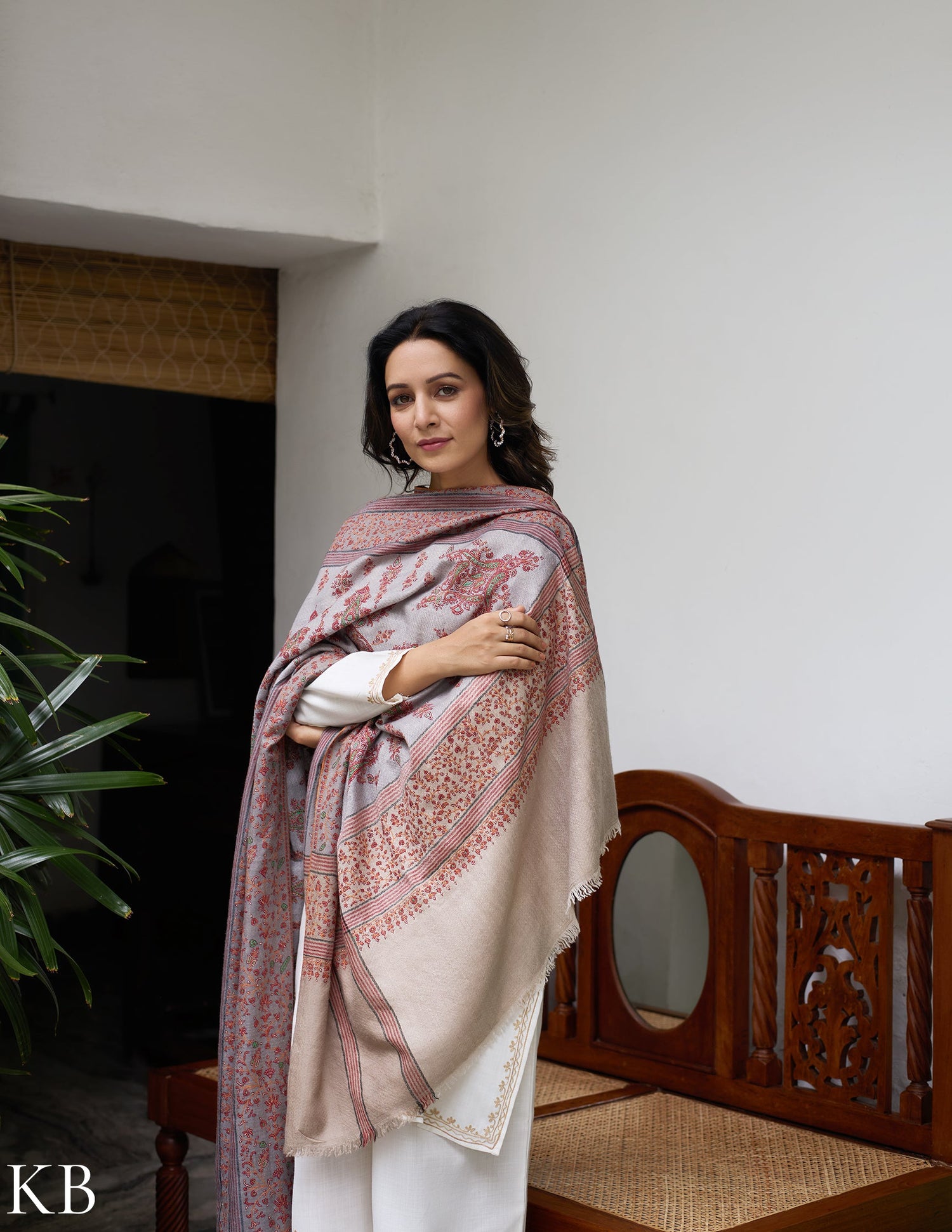 Grey Striped Handwoven Sozni Embroidered Pashmina Shawl