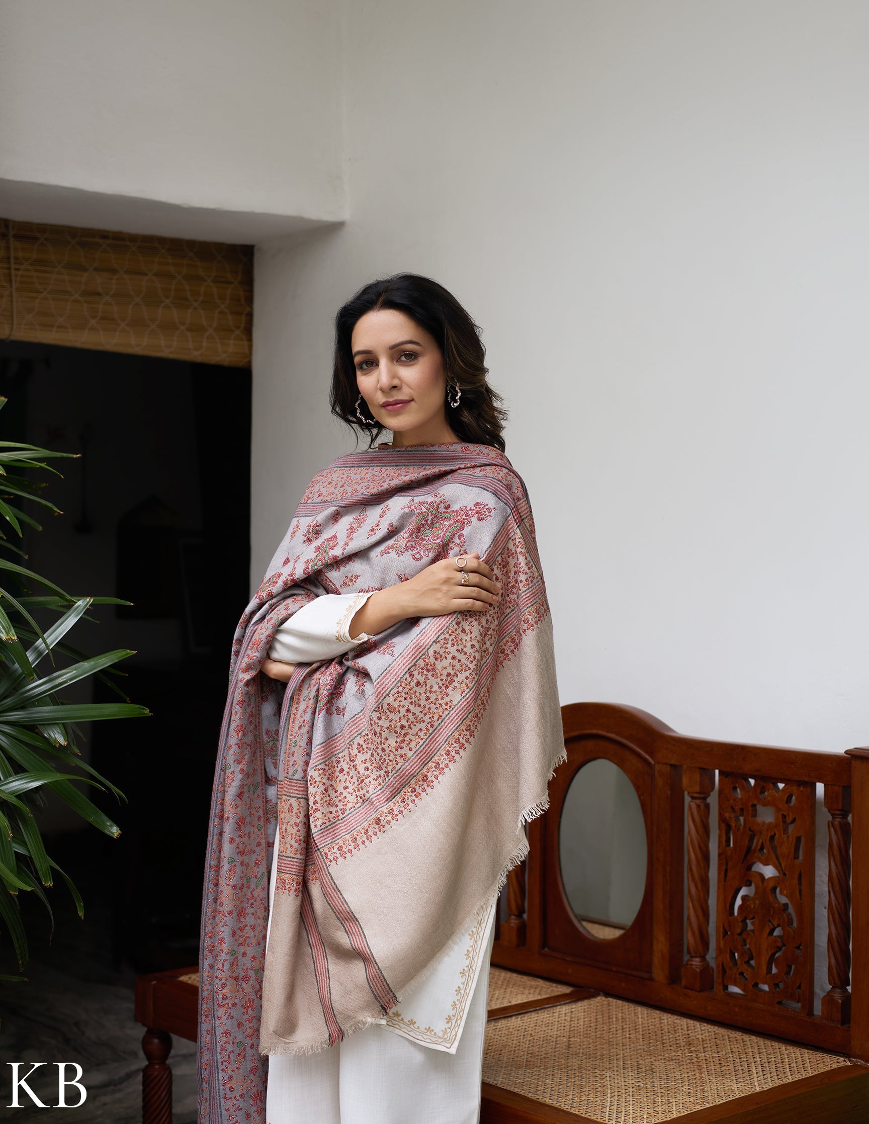 Grey Striped Handwoven Sozni Embroidered Pashmina Shawl