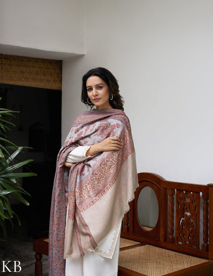 Grey Striped Handwoven Sozni Embroidered Pashmina Shawl