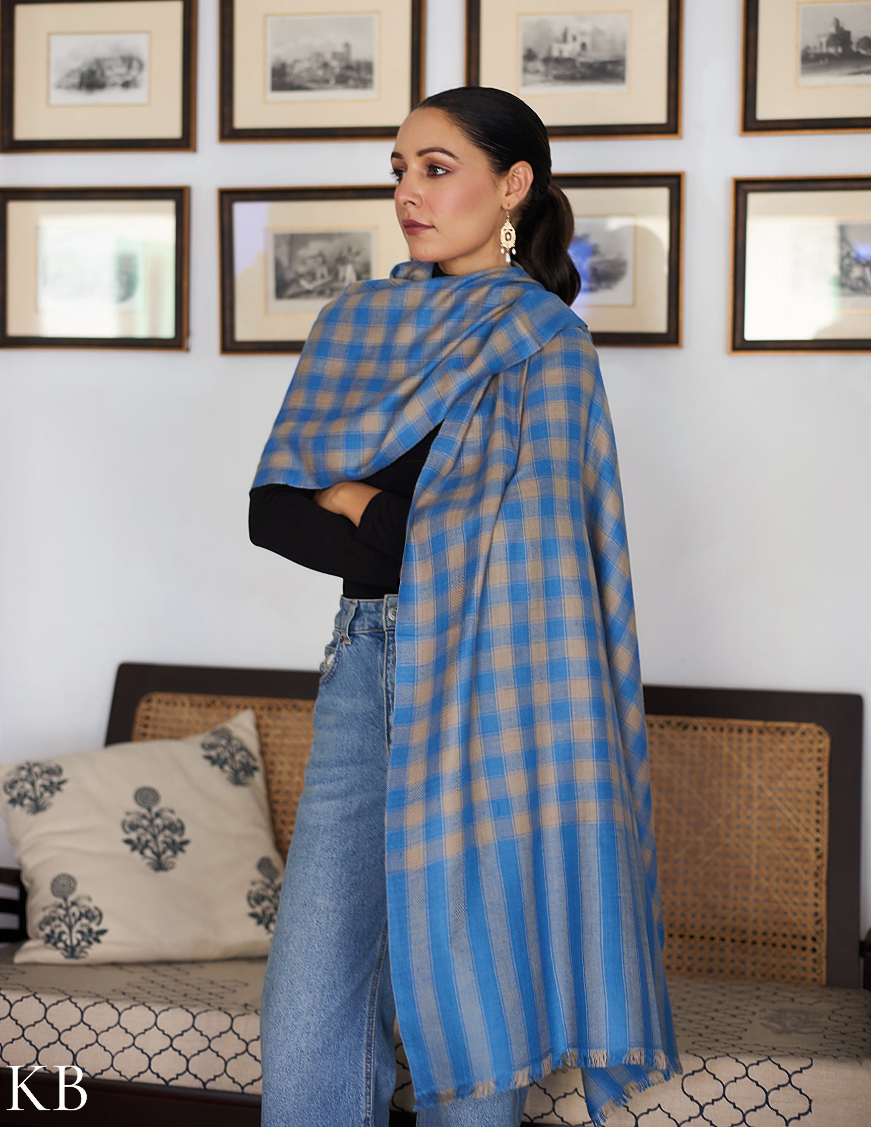 Natural Grey-Blue Handwoven Multi-Pattern Check Pashmina Stole