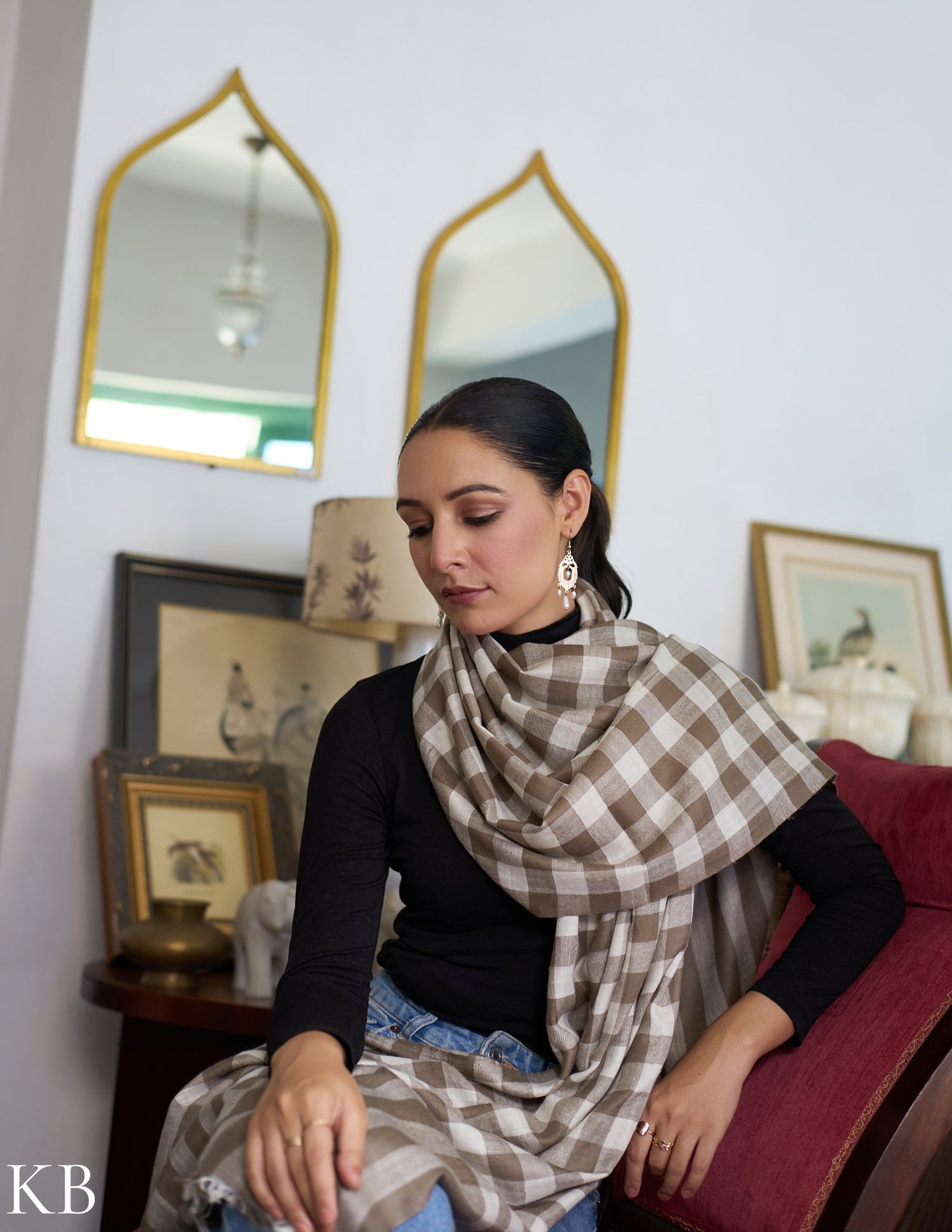 Natural Cream-Grey Handwoven Multi-Pattern Check Pashmina Stole