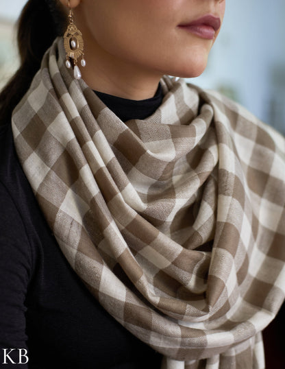 Natural Cream-Grey Handwoven Multi-Pattern Check Pashmina Stole