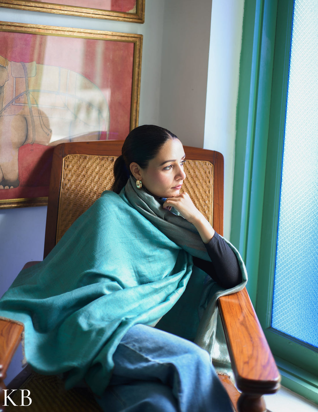 Aqua Silver Zari Handwoven Reversible Cashmere Pashmina Shawl - Kashmir Box