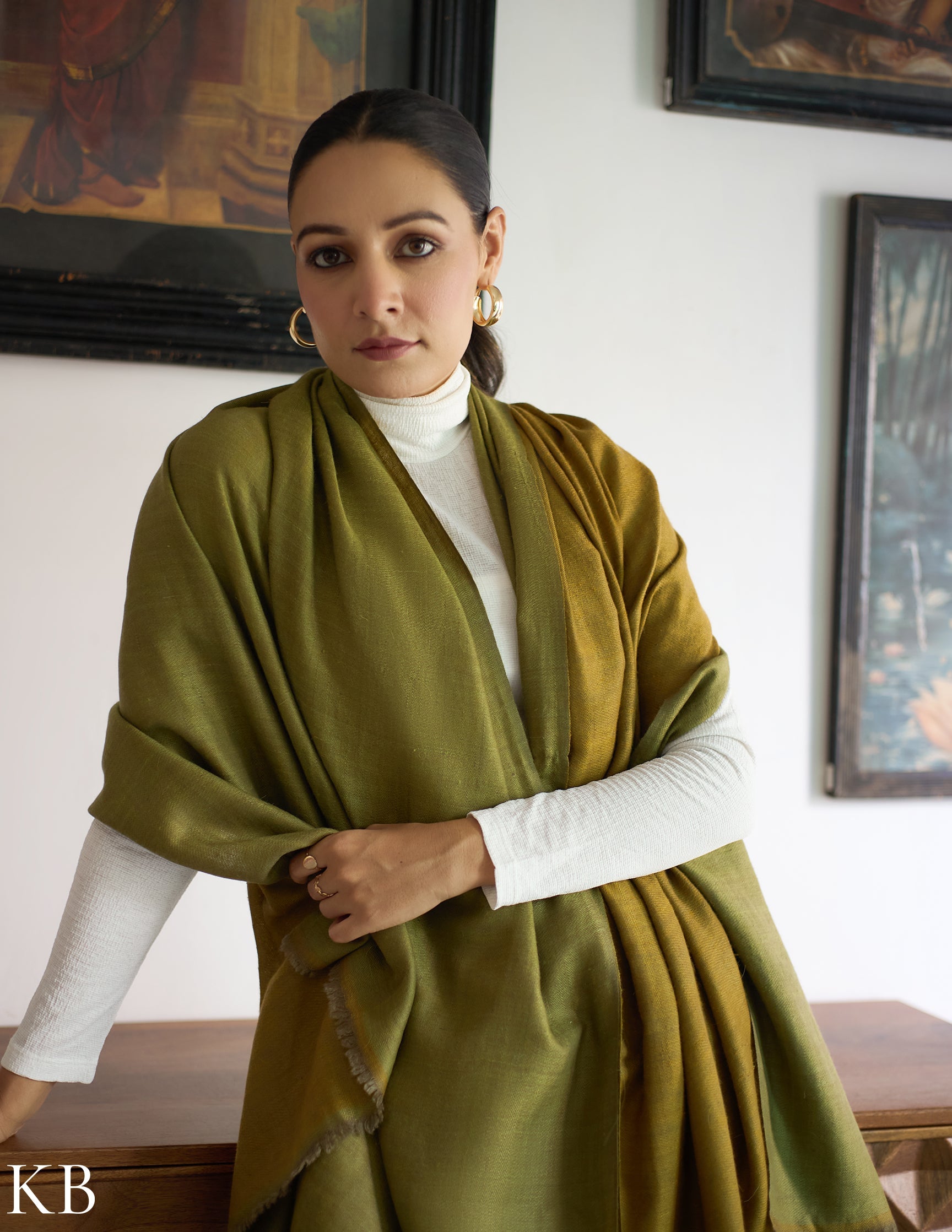 Dual Green Handwoven Reversible Cashmere Pashmina Shawl