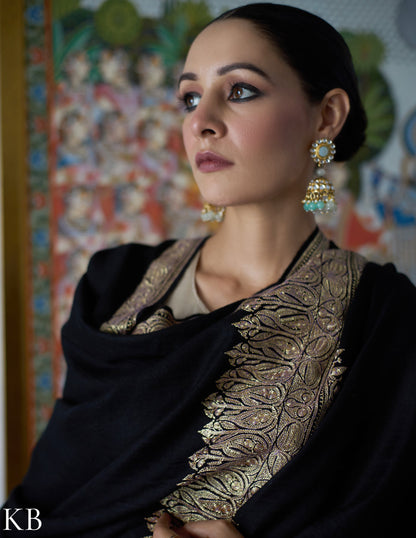 Classic Black Handwoven Tilla Paisley Embroidered Palladaar Pashmina Shawl