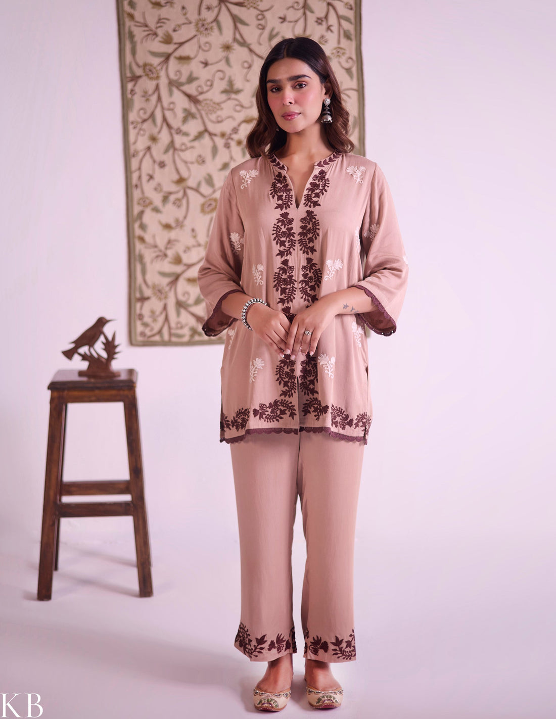 Mocha–Ivory Modal Satin Coord Set with Fine Aari Embroidery — Bulbul Collection | Kashmiri Summer Festive Wear - Kashmir Box