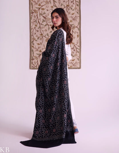Kashmiri Handwoven Pashmina Jaali Sozni Shawl – Black | Handwoven Heritage