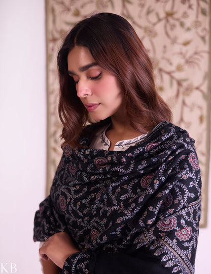 Kashmiri Handwoven Pashmina Jaali Sozni Shawl – Black | Handwoven Heritage