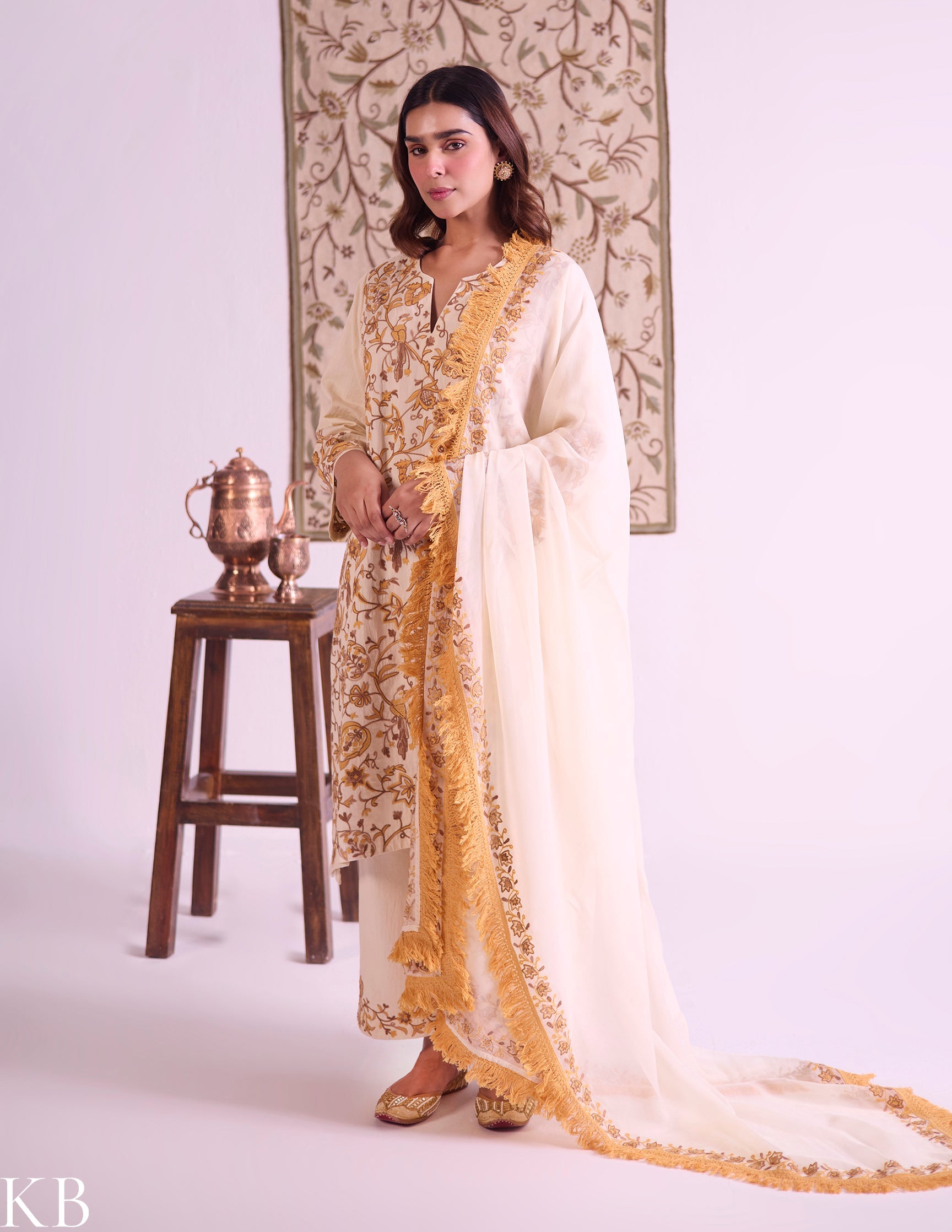 Yellow Cotton Satin Suit Set with Fine Aari Embroidery &amp; Organza Dupatta — Bulbul Collection | Kashmiri Summer Festive Wear - Kashmir Box