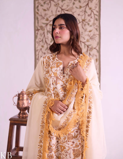 Yellow Cotton Satin Suit Set with Fine Aari Embroidery &amp; Organza Dupatta — Bulbul Collection | Kashmiri Summer Festive Wear - Kashmir Box