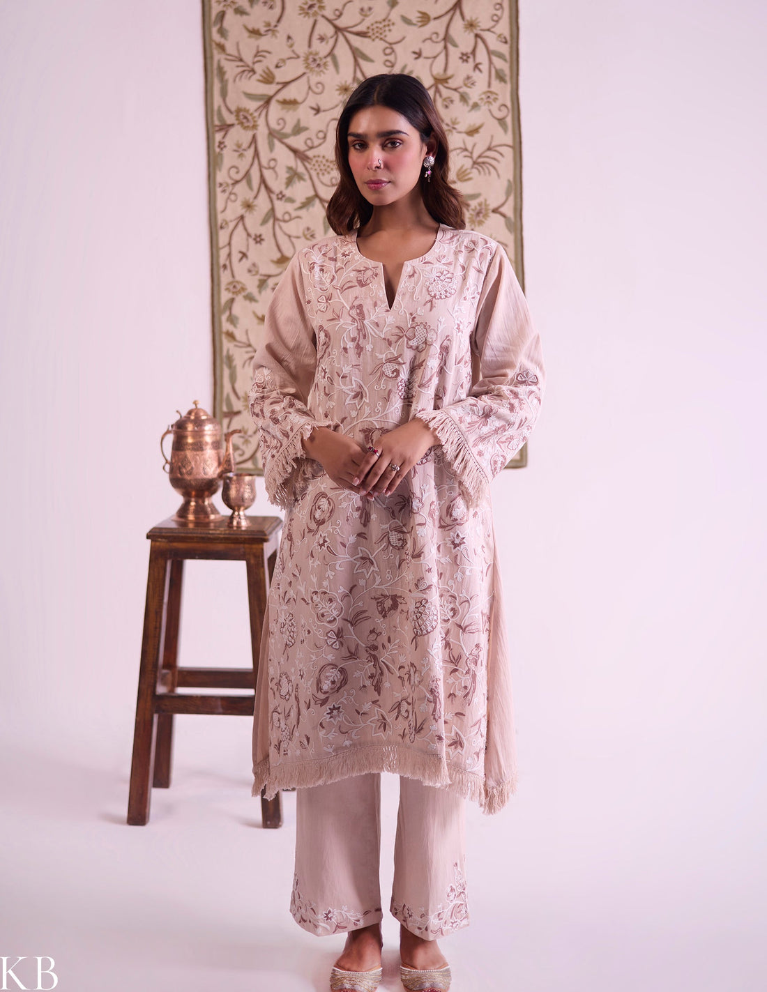 Beige Cotton Satin Suit Set with Fine Aari Embroidery & Organza Dupatta — Bulbul Collection | Kashmiri Summer Festive Wear - Kashmir Box