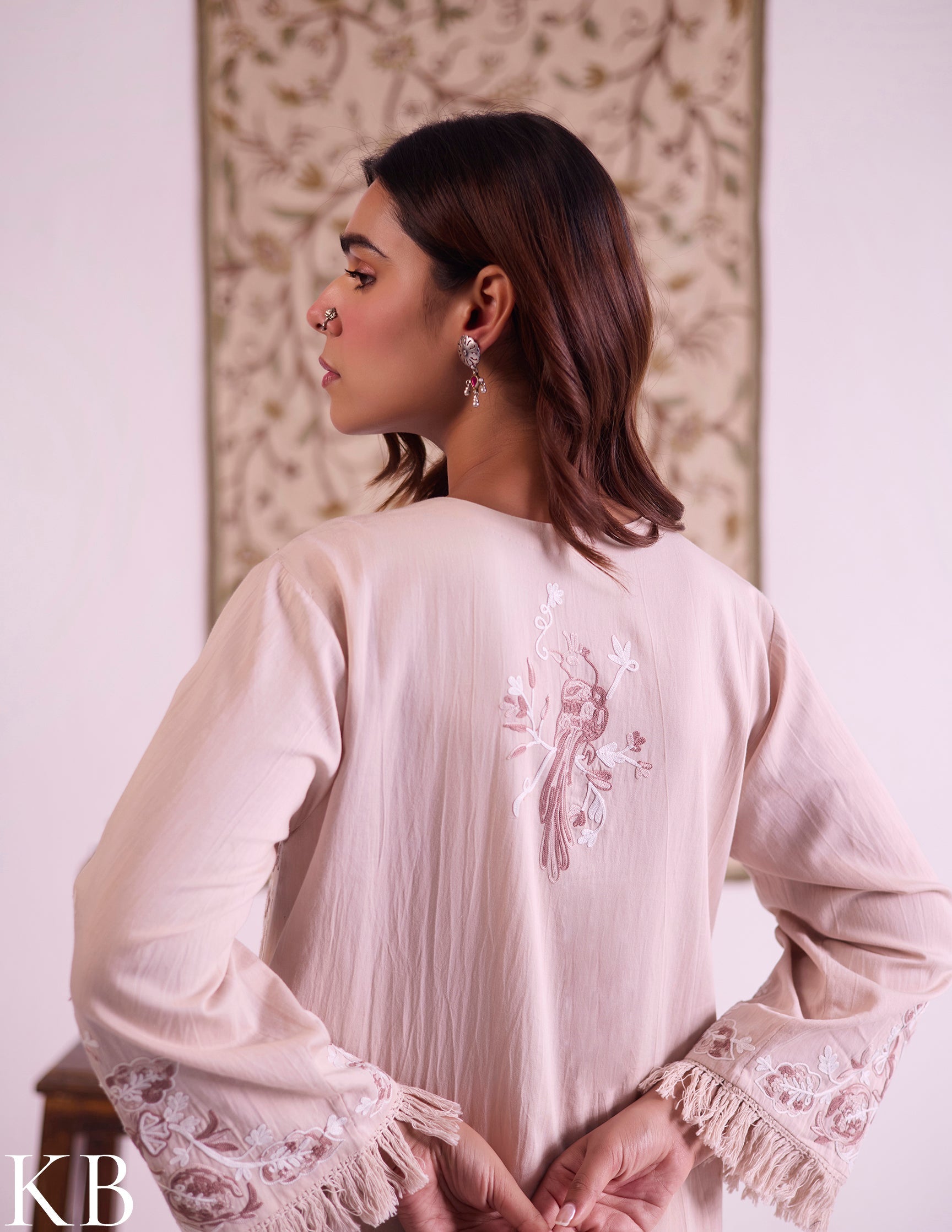 Beige Cotton Satin Suit Set with Fine Aari Embroidery &amp; Organza Dupatta — Bulbul Collection | Kashmiri Summer Festive Wear - Kashmir Box