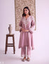 Mauve Cotton Satin Suit Set with Fine Aari Embroidery & Organza Dupatta — Bulbul Collection | Kashmiri Summer Festive Wear - Kashmir Box