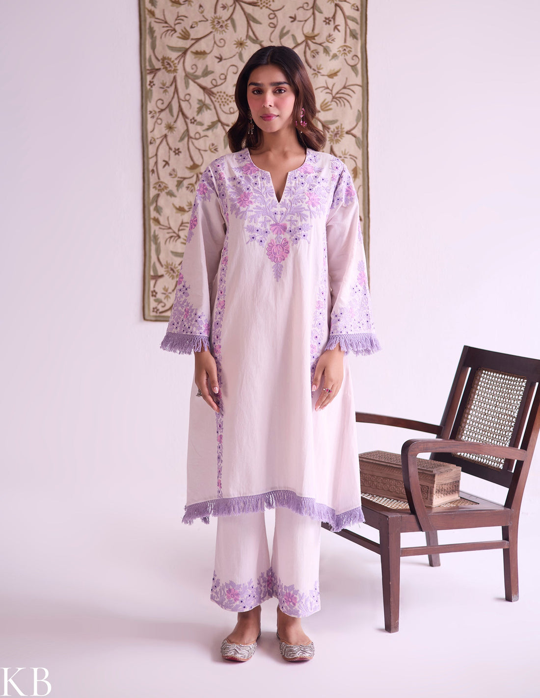 Baby Pink Cotton Satin Suit Set with Fine Aari Embroidery & Violet Organza Dupatta — Bulbul Collection | Kashmiri Summer Festive Wear - Kashmir Box