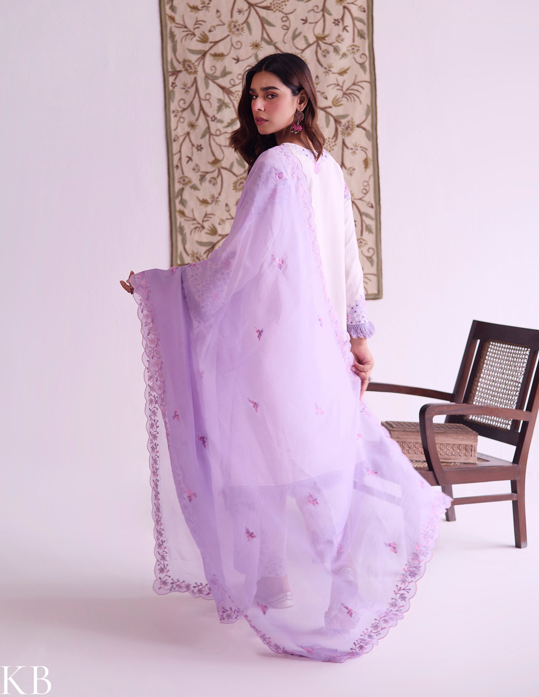 Baby Pink Cotton Satin Suit Set with Fine Aari Embroidery &amp; Violet Organza Dupatta — Bulbul Collection | Kashmiri Summer Festive Wear - Kashmir Box