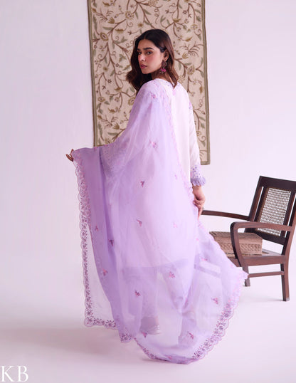 Baby Pink Cotton Satin Suit Set with Fine Aari Embroidery &amp; Violet Organza Dupatta — Bulbul Collection | Kashmiri Summer Festive Wear - Kashmir Box