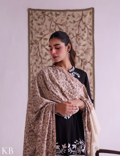 Kashmiri Handwoven Pashmina Sozni Shawl – Off White Jaaldar | Handwoven Heritage